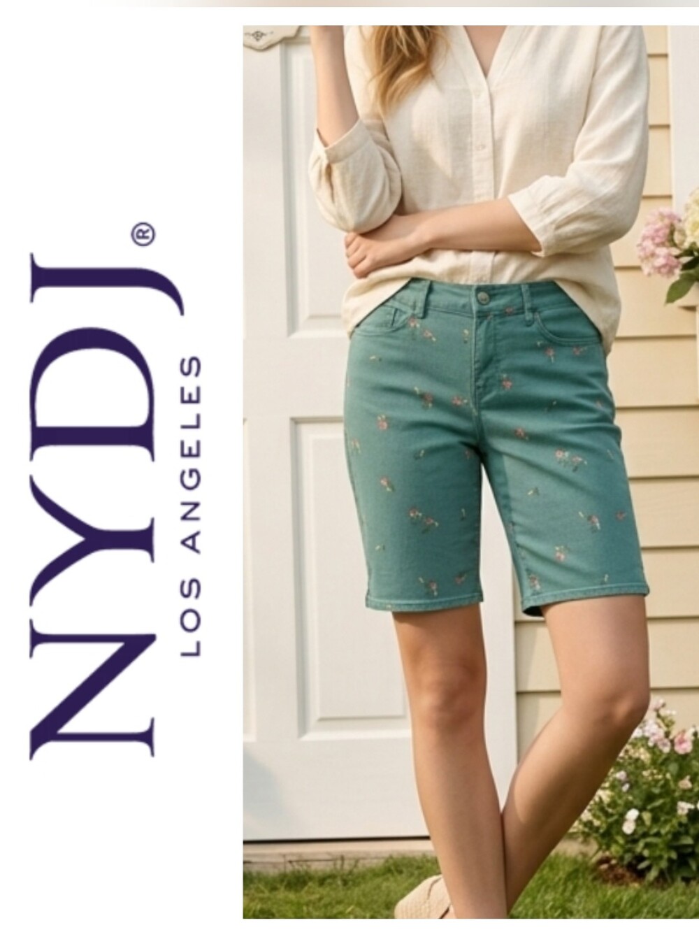 NYDJ Briella  Light Green Floral  Bermuda Shorts